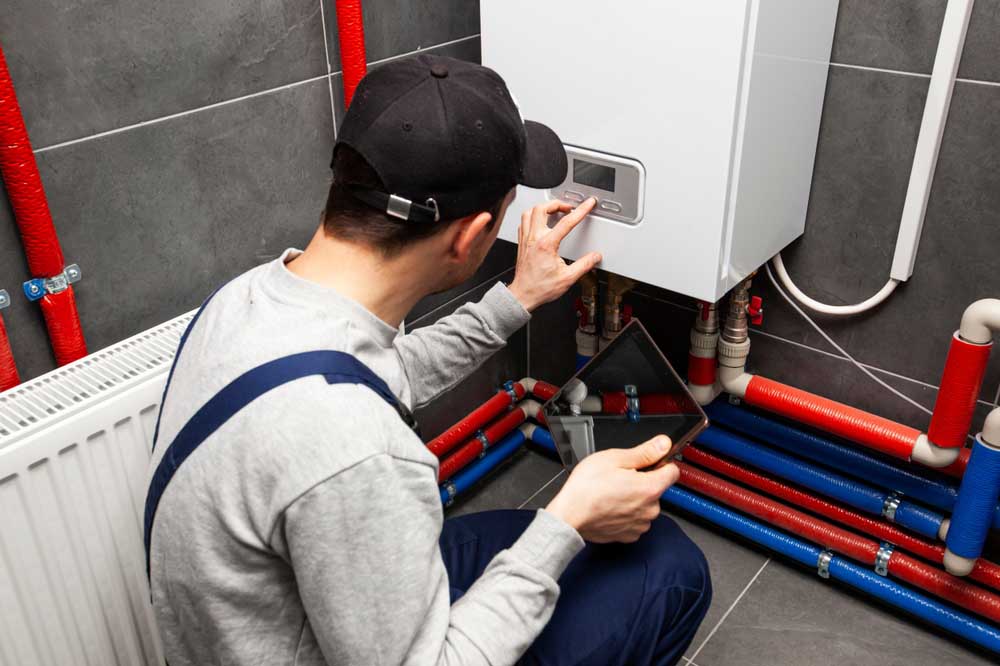 Technician inspecting a water heater